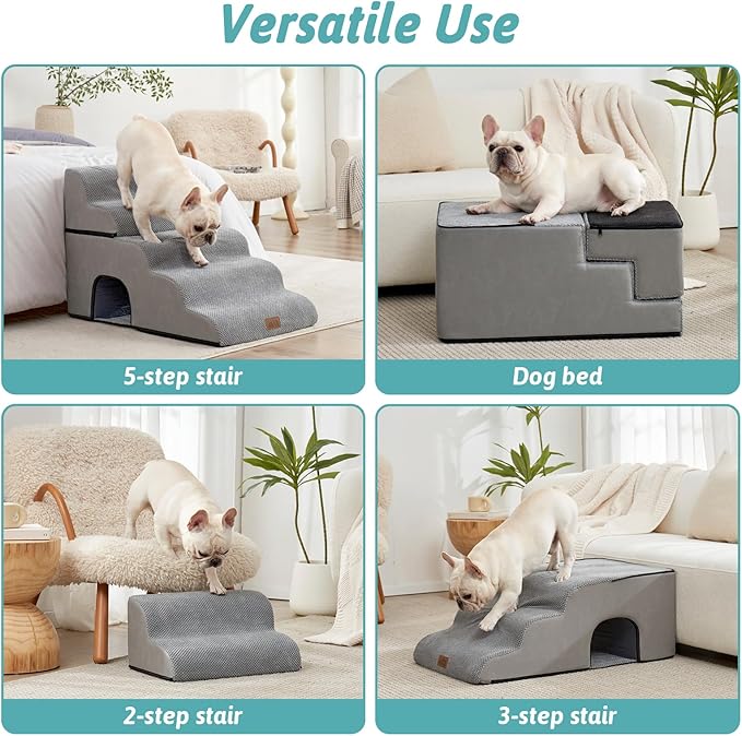 Extra Wide Dog Stairs with Tunnel, Detachable Large Pet Step for Small Medium Dog, Puppy or Cat, Ramp for High Bed, Couch, Sofa or Car, Stable, 19.7x33x22.4 inch, 5 Step, Grey