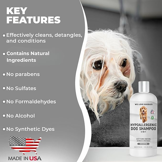 Hypoallergenic Dog Shampoo, Conditioner, and Detangler | Made in USA | Eco-Friendly Ingredients | Shampoo for Dogs with Sensitive Skin & Allergies | 16 OZ [We Love Doodles]
