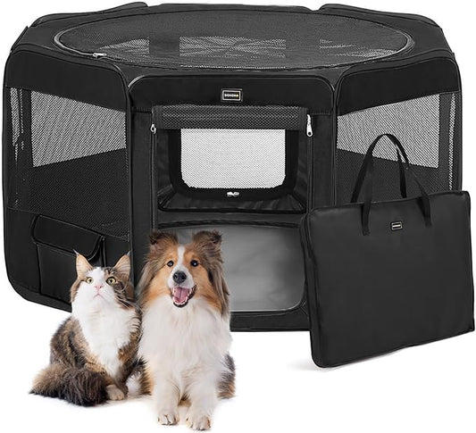 DONORO Dog Playpen Portable Pet Play Pens for Small Dog/Cat/Rabbit/Chicks, Cat Playpen Indoor/Outdoor with Carring Case, Removable Zipper Top and Bottom (Black, Extra Large (55"x55"x30"), 8)