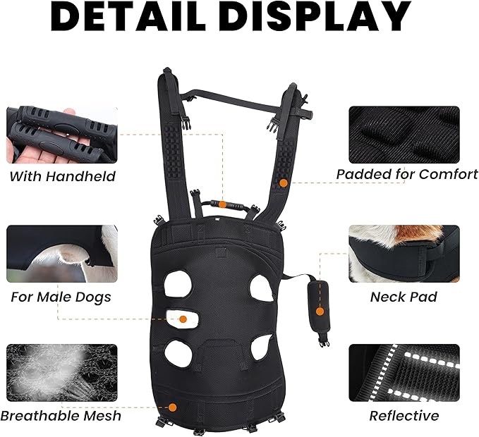 Dog Lift Harness Backpack Carrier for Large Dogs, Full Body Sling with Handle, Dog Harness for Joint Injuries, Arthritis, Ideal for Stairs, Elderly Dogs (Black X-Large 29-50 LBS)