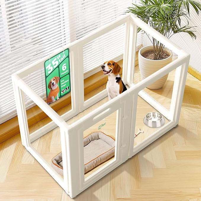 FXW AuraSpace Acrylic Indoor Unleashed Dog Playpen for Medium Dogs, 35 Inch, 6 Panels, White