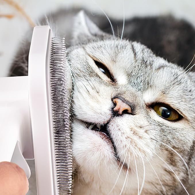 Self Cleaning Slicker Dog Cat Brush for Shedding - Deshedding Tool with Max Massage Tips, Grooming Brush for Short Medium Haired Cats & Dogs (White)