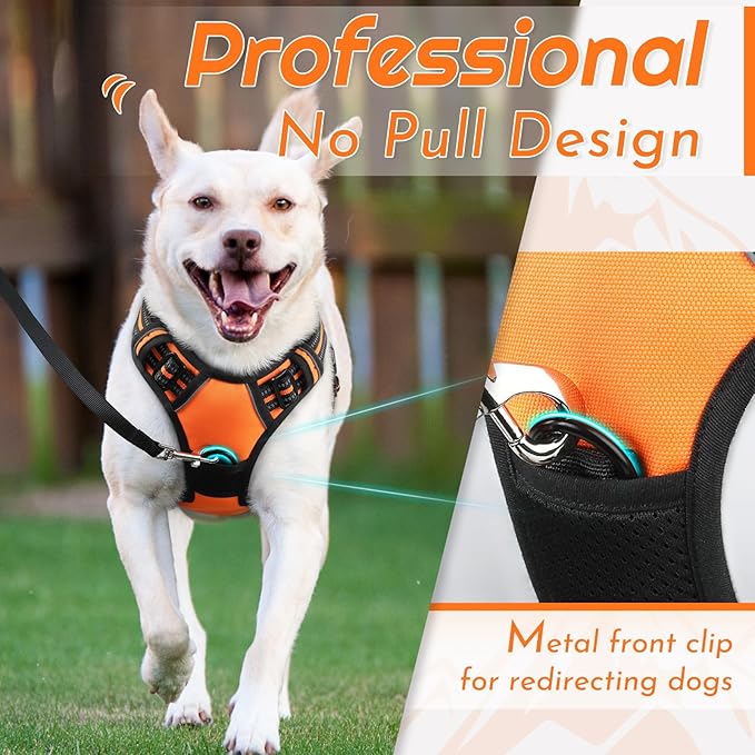 Eagloo Dog Harness Medium Sized Dog, No Pull Service Vest with Reflective Strips and Control Handle, Adjustable and Comfortable for Walking, No Choke Pet Harness with 2 Metal Rings, Orange, M