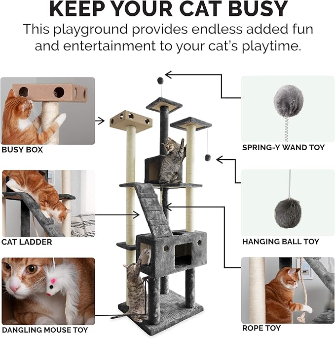 Furhaven 69.3" Tall Cat Tree for Indoor Cats, Ft. Sisal Scratching Posts, 2x Cat Condos, & Toys - Tiger Tough Double Decker Interactive Playground Tower - Silver Gray, One Size