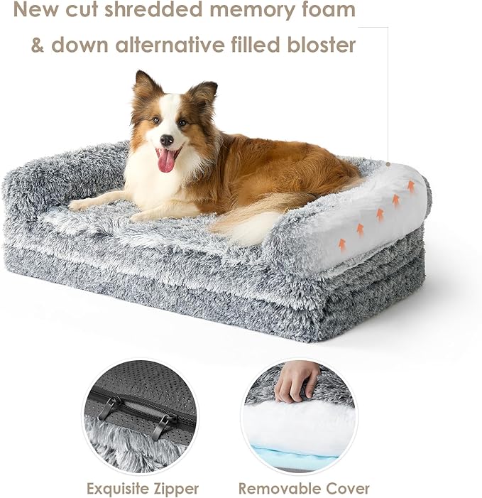 EHEYCIGA Foldable XL Dog Bed, Faux Fur Fluffy Pet Couch Bed for Large Dogs, Orthopedic Calming Memory Foam Big Pet Bed, Washable Soft Pet Sofa Bed with Non-Slip Bottom, Grey, 46"x34"x6.5"