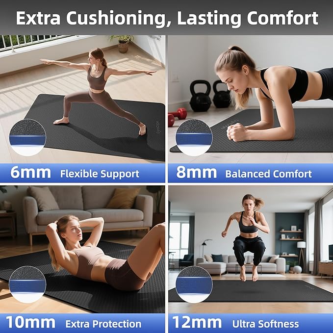 Extra Large Yoga Mat - 72"x35", 72"x48", 78"x57" - Wide TPE Exercise Mat for Home, Stretching, Couples & Family Workouts - 6-12mm Thick, Non-Slip & Waterproof - with Carry Bag and Straps