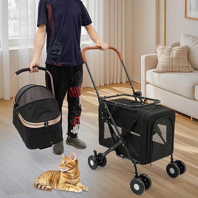 Foldable Pet Stroller for Small & Medium Dogs, Double Dog & Cat Stroller with 3-in-1 Travel System, Detachable Pet Carrier with Wheels for Cats and Dogs up to 77 lbs, Black