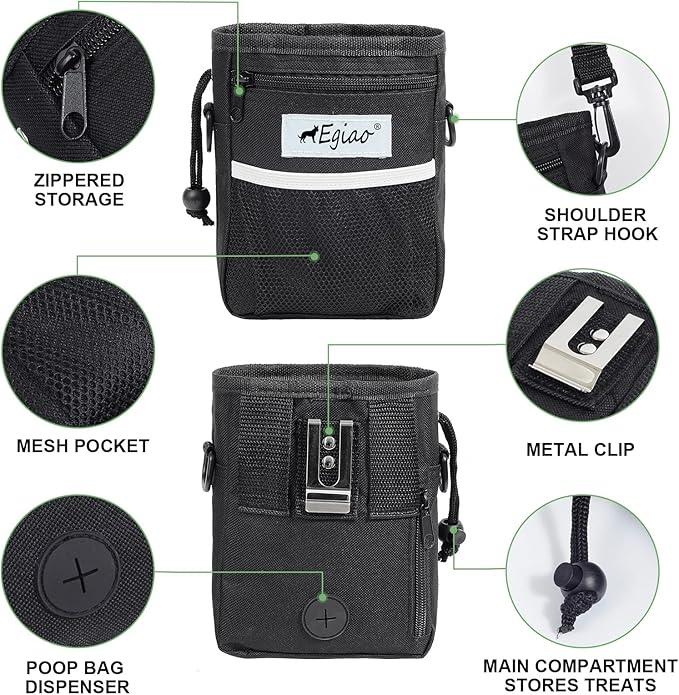 Dog Treat Pouch with Drawstring Closure, Puppy Training Bag, Built-in Pet Poop Bag Dispenser, Waist Belt Clip, 3 Ways to Wear