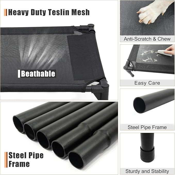 Elevated Dog Bed - Raised Dog Cot Fits Up to 150 LBs, Heavy Duty Pet Cot with Durable Supportive Mesh, Indoor & Outdoor, Black