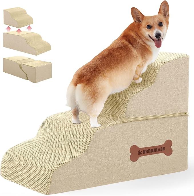 Dog Stairs 4 Steps for Small Dogs and Cats to Get on High Beds, Couch or Car, Pets Can Climb, Sit, Lie Down or Perch to Look Out Windows on The Spliceable Ramp, Provides Support, Beige（19" H）
