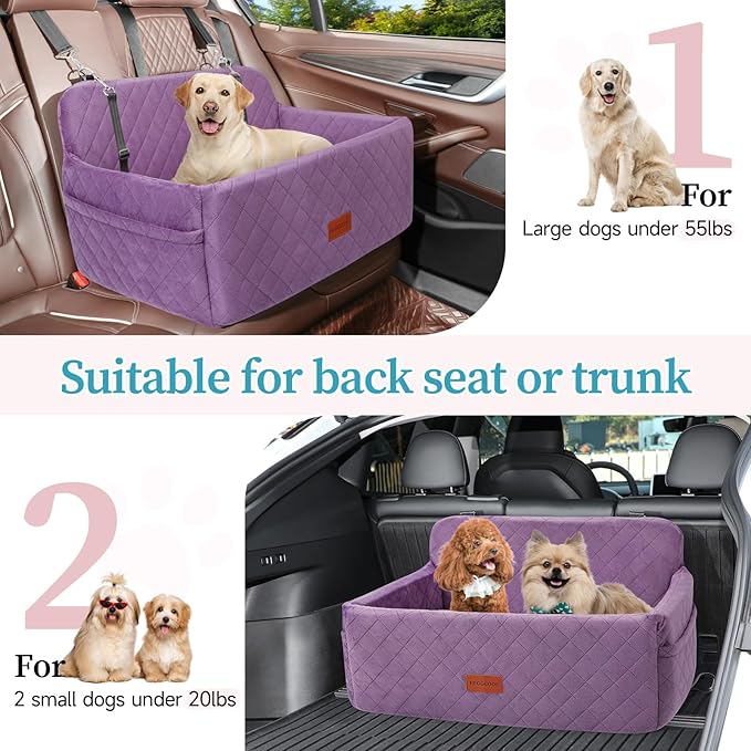 Dog Car Seat for Medium/Large Dogs, Pet Booster Seat for Under 55 lbs or 2 Small Dogs, Detachable & Washable Dog Car Bed for Backseat with 2 Safety Leashes (Purple)