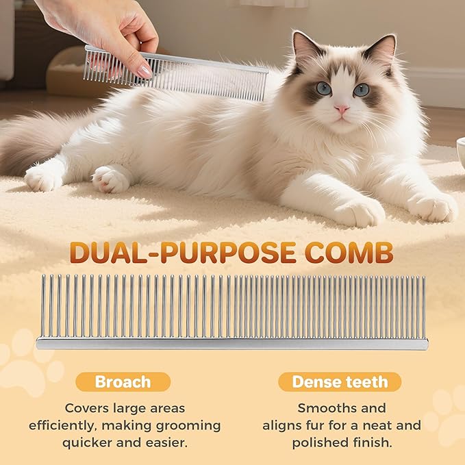 7.5 Inch Professional Stainless Steel Pet Grooming Comb for Dogs & Cats, Wide & Dense Teeth for Removing Tangles, Knots,Undercoat,Flea,Excess Hair, Rounded Corners Design for Safe,Metal Dematting Tool