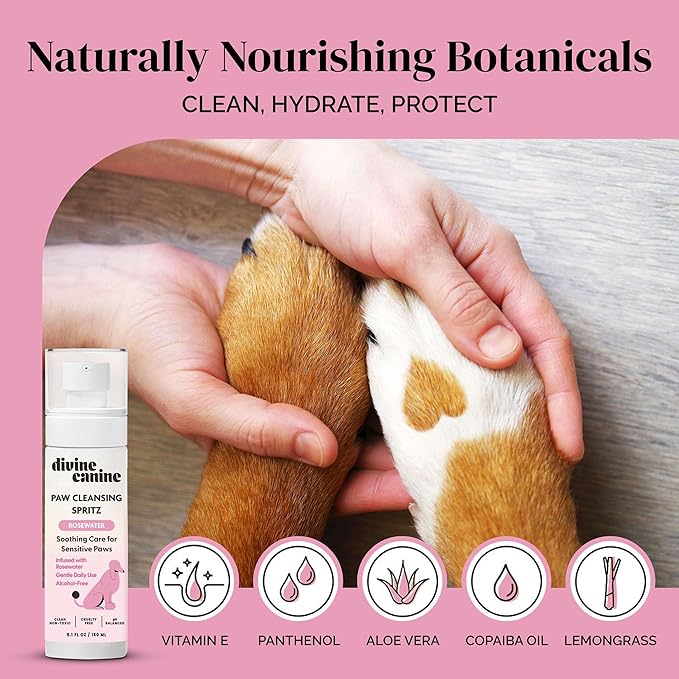 Dog Paw Cleaner - 5.1 Fl Oz of Alcohol Free Paw Cleansing Spray - Made with Rosewater, Aloe, Copaiba Oil, and Lemongrass Oil to Nourish and Clean Paws - Made in The USA