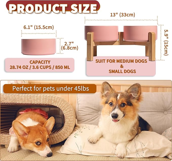 Elevated Ceramic Dog Bowl Set - Raised Dog Bowls with Non-Slip Bamboo Stand - Dog Food and Water Bowl Set - Double Dog Feeding Bowls - Suitable for Small and Medium Dogs - 28.74 OZ - 3.6 CUPS - 850 ML