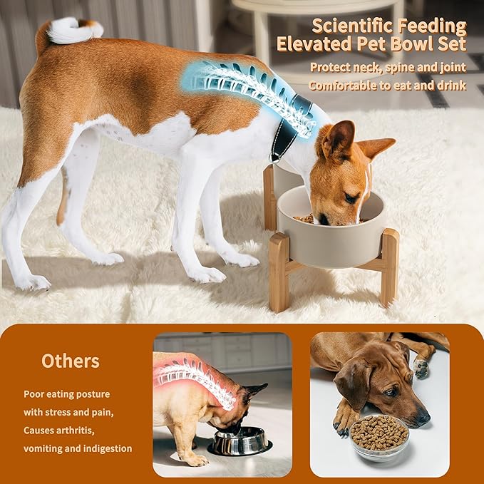 Elevated Ceramic Dog Bowl Set - Raised Dog Bowls with Non-Slip Bamboo Stand - Dog Food and Water Bowl Set - Double Dog Feeding Bowls - Suitable for Small and Medium Dogs - 28.74 OZ - 3.6 CUPS - 850 ML