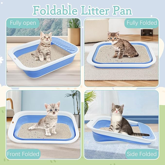 Fhiny Cat Litter Box Portable Shallow Litter Box 17.7"x13.4"x4.9" Foldable Cat Toilet with Scoop Open Kitty Potty Pan with Litter Drop Pedal Easy to Clean Travel Kitten Toilet(Blue)