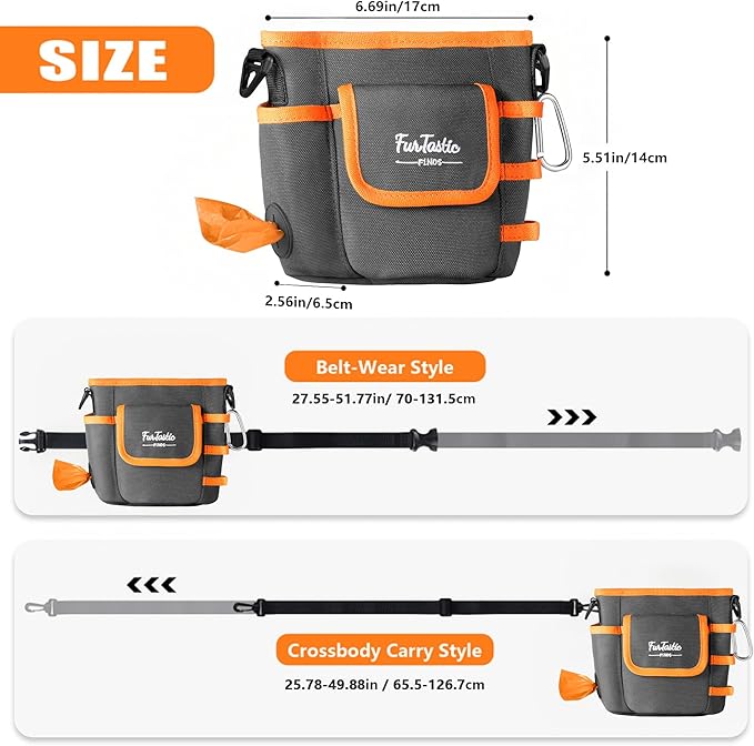 Dog Treat Pouch with Quick-Release Magnetic Closure, 3-Way Wear Treat Bags, 900D Waterproof Fabric, 4 Storage Spaces, Treat Pouch for Pet Training Walking (Grey)