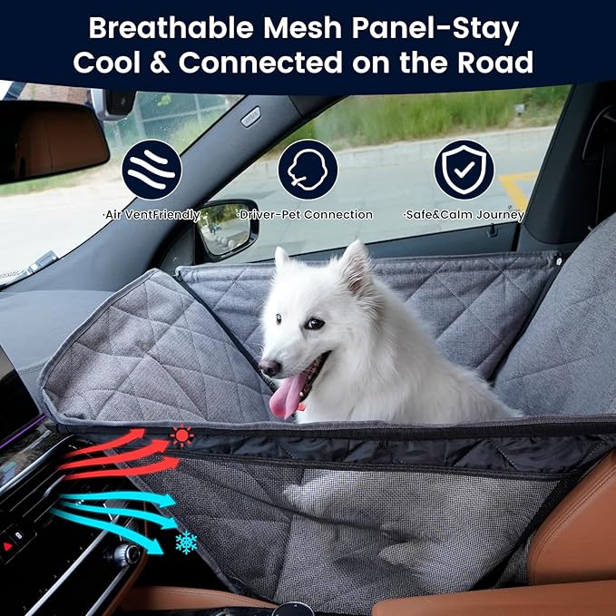 Dog Car Seat for Small/Medium Dogs with Door Protection – Full Coverage Pet Booster Seat with Mesh Window, Zippered Side Flaps, Safety Buckle, Grey Linen Fabric