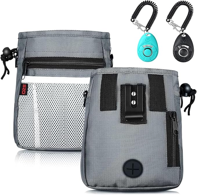 Dog Treat Pouch - 3 Ways to Wear Treat Pouches for Pet Training and 2 Pieces Clicker Taining for Dogs, Dog Training Treat Pouch Bag and Dog Clicker for Training with Waist Belt Shoulder Strap - Grey