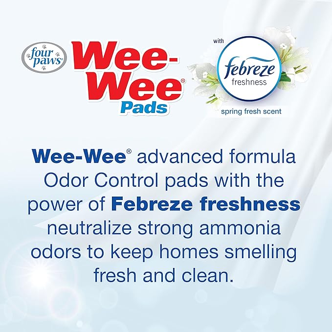 Four Paws Wee-Wee Odor Control with Febreze Freshness Pee Pads for Dogs & Puppies, Leak-Proof Dog Housebreaking Potty Training Floor Protection, Spring Fresh Scent, 22" x 23", 50 Count