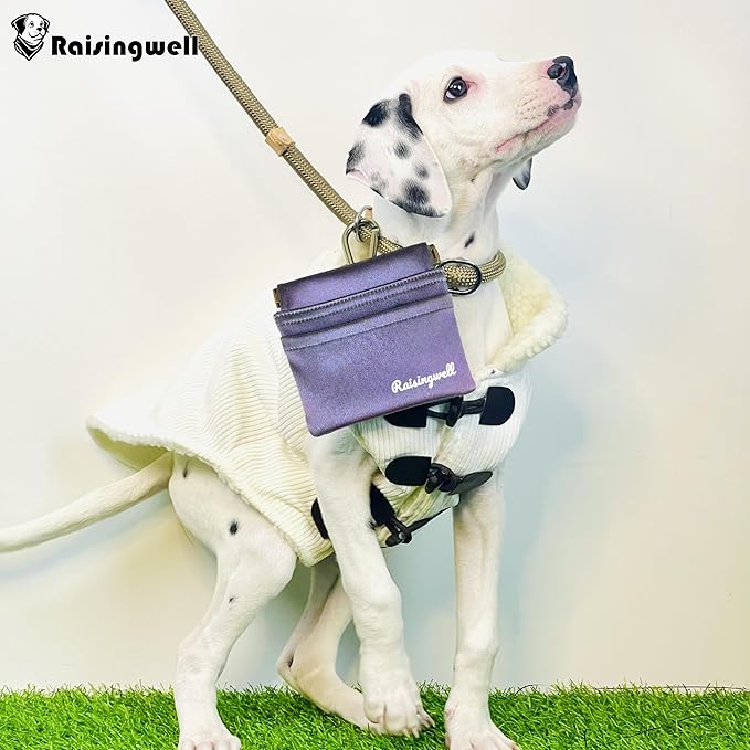 Dog Treat Pouch, Pocket Sized Pet Training Pouch, Hand Free Purple Dog Walking Bag with Carabiner, Self-Closing Pet Feed Snack Reward, for Puppy Travel or Outdoor Use, NanoPTC