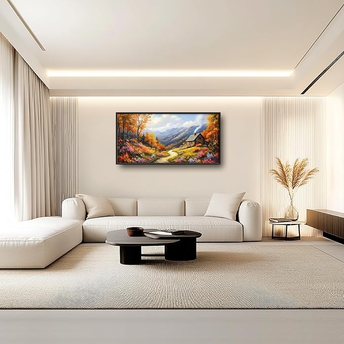 Framed Large Autumn Mountain Wall Art for Living Room, Oversized Wildflower Tree Wall Decor Nature Landscape Canvas Painting Modern Artwork Home Decoration for Living Room Bedroom 60"x30"