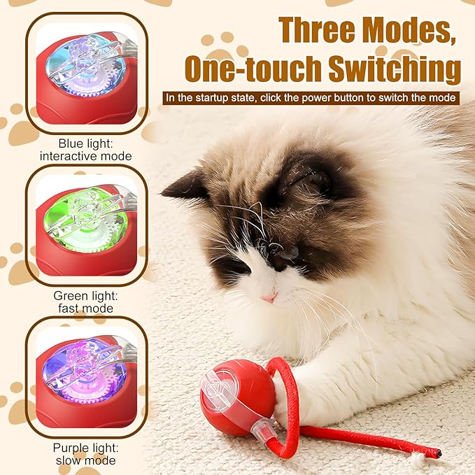 Interactive Cat Toys for Indoor Cats, 2025 New Interactive Cat Toys, Intelligent Automatic Rolling Pet Ball, Automatic Obstacle Avoidance Cat Toy Ball with Rope, Three Modes Adjustment (yellow)