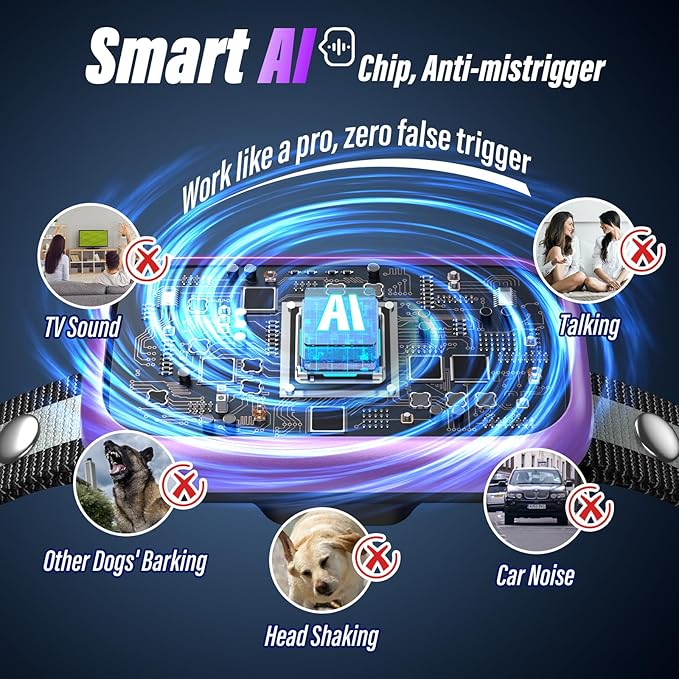 Dog Bark Collar, Smart Barking Collar with 4 Modes, 7 Adjustable Sensitivity for Barking Howling Whining, Automatic Anti Barking Device for Large Medium Small Dogs IP67 Waterproof for Indoor & Outdoor