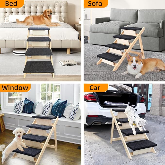 Dog Stairs/Ramp for Bed, Wooden Convertible Pet Steps, Portable Dog Ladder Up to 180 Pound for Elderly/Short-Legged Dogs, 4 Steps for Beds, Couch, Cars