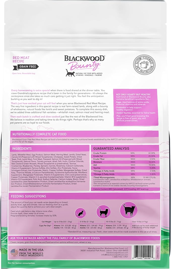 Blackwood Bounty Dry Cat Food, Red Meat Recipe for All Life Stages, 4.5 Pound Bag, High Protein, Grain Free