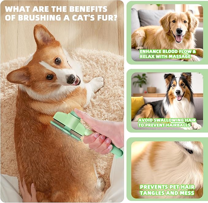 Pet Hair Removal Comb,New Cat Brush with Release Button,Pet Grooming Brush for Short&Long Pet Hair,Deshedding Brush for Pet (green)