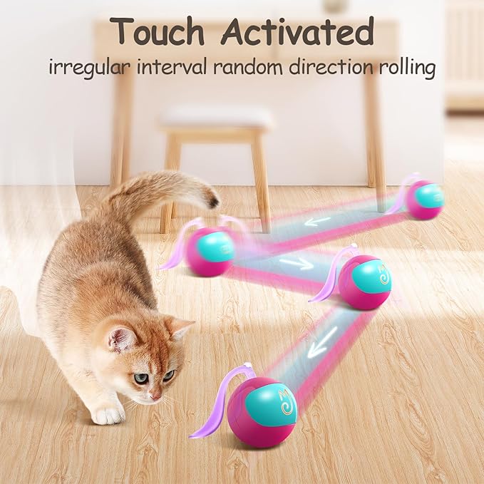 Migipaws Interactive Cat Ball Toy Set, Fun Tracker, Glowing Chase Ball with MystiChaser Pouch, Fluffy Tail, Small Mouse – Cat Toys for Bored Indoor Cats(Rose)