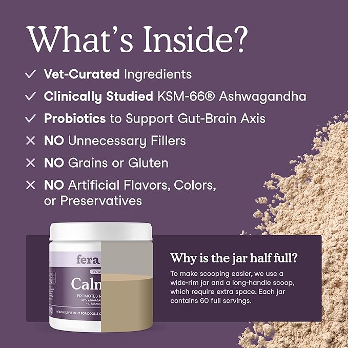 Fera Pets Calming Supplement for Dogs & Cats with Probiotics, L-Theanine, and Ashwagandha - Supports Anxiety Relief - Promotes Relaxation - 60 Scoops