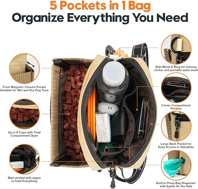 Dog Treat Pouch – Large Capacity with Magnetic Closure, Dog Walking Fanny Pack Built-in Poop Bag Dispenser, Clicker & Collapsible Bowl for Training & Walking - Khaki