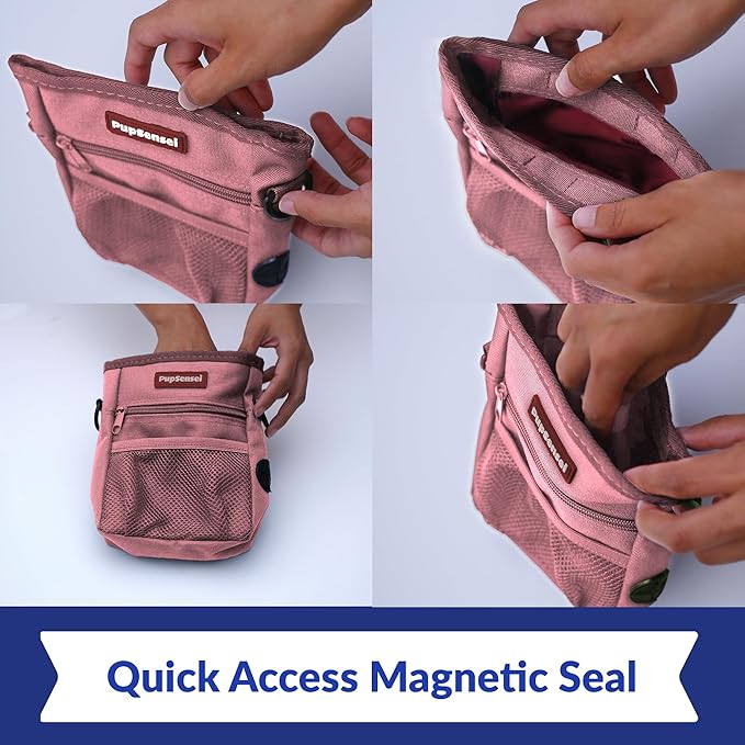 Dog Treat Pouch, Durable Oxford Polyester, No-Spill Magnetic Closure, Treat Pouches for Pet Training with Metal Clip, Waist Belt, Adjustable Strap, Poop Bag Dispenser (Light Pink)
