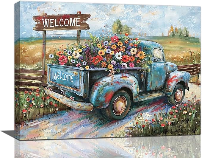 Farmhouse Truck Wall Art Rustic Country Wildflowers Wall Decor Road Flowers Landscape Pictures Canvas Print Painting Artwork for Bathroom Living Room Bedroom 12"x16"