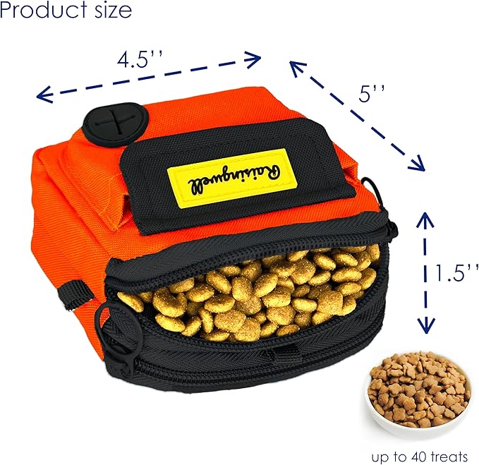 Dog Treat Pouch for Pet Walking and Training with Clicker Poop Bags, and Three Bags Design Small Fanny Zipper Pack Holder for Puppy Snack Dispenser Kit for Leash and Outdoor Use (Orange)