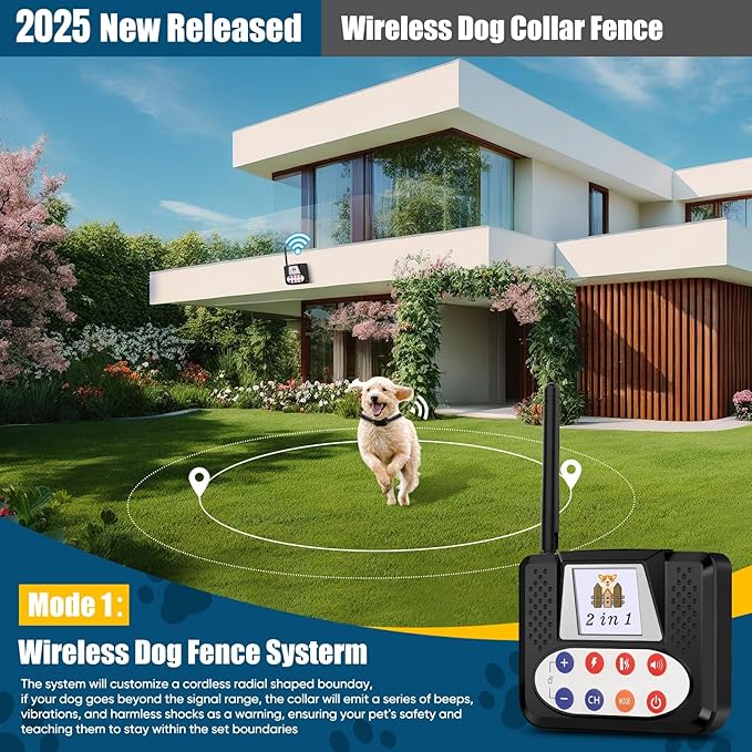 Electric Fence for Dogs, Wireless Dog Fence System, with Big LCD Color Screen, Portable Wireless Pet with Remote Training Collar, Dog Perimeter, Adjustable Collar for Big Medium Small Dogs