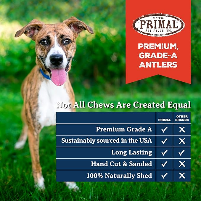 Primal Antlers for Dogs, Grade A Split Stag Antlers for Medium Canines 15-30 lb, Natural Chews for Aggressive Chewers, Naturally Shed, Long Lasting Dog Bones, 1 ct