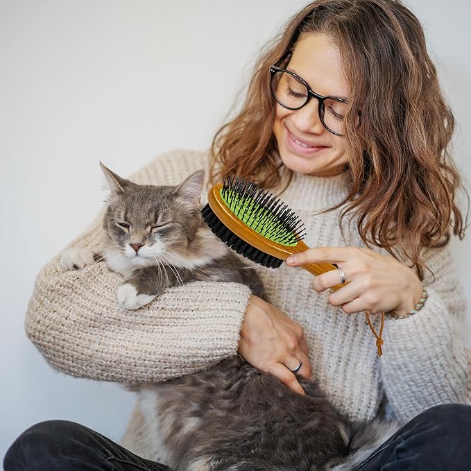 TAKAVU Pin & Bristle Pet Brush for Dogs & Cats - Double Sided Grooming Tool Detangles, Removes Loose Hair & Conditions Coat - Wood Handle