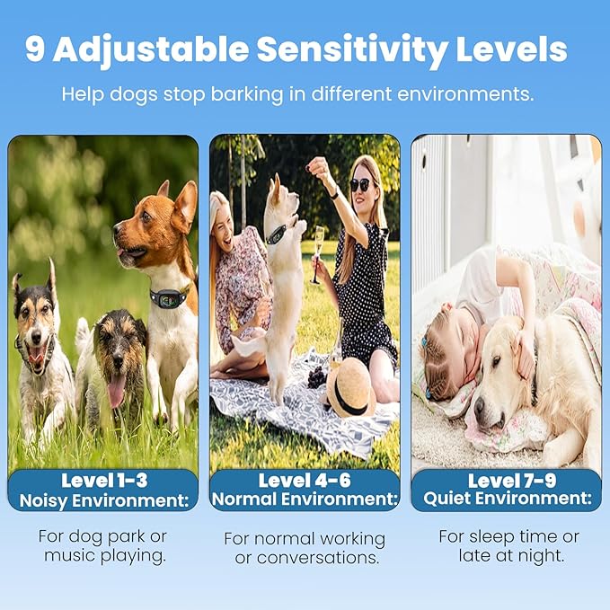 Automatic Dog Bark Collar, Safe Anti Barking Collar with Adjustable Beep Vibration Shock Modes & 9 Sensitivity, IP67 Waterproof Bark Deterrent Device for Large Medium Small Dogs 10-150lbs