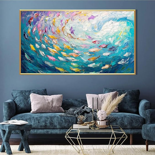 Fish Canvas Wall Art, Abstract School of Fish Canvas Wall Art, Ocean Picture Print, Sea Life Print Decor, Nautical Painting, Living Room, Bedroom, Bathroom Decor (Gold Framed, 23"x13" | 60x35cm)