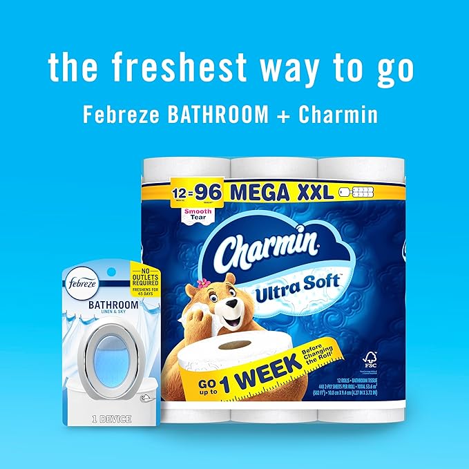 Febreze Bathroom Air Freshener, Odor-Fighting, Plug In Alternative, Air Fresheners for Home and Bathroom and Kitchen, Closet Air Fresheners, Linen & Sky Scent, 2 Count