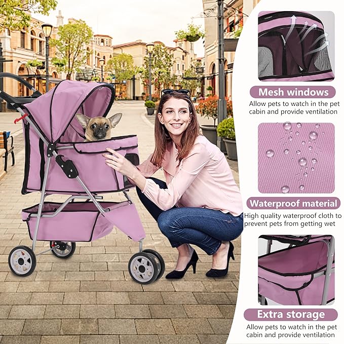 Dog Stroller,3 Wheels Travel Folding Pet Stroller for Small Medium Dog Cat Jogger Stroller with Storage Basket Removable Liner Pink