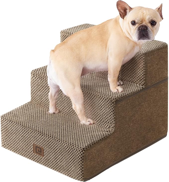 EHEYCIGA Dog Stairs for Small Dogs 13.5" H, 3-Step Dog Steps for Couch Sofa and Chair, Pet Steps for Medium Cats, Non-Slip Balanced Pet Ramp Indoor, Camel