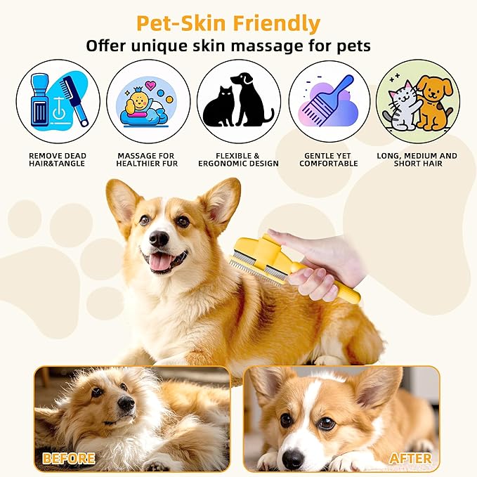 Pet Hair Removal Comb,New Cat Brush with Release Button,Pet Grooming Brush for Short&Long Pet Hair,Deshedding Brush for Pet (yellow)