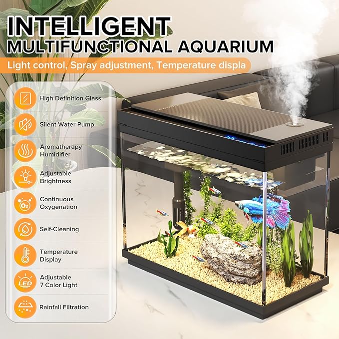 Fish Tank, 2.4 Gallon Fish Aquarium, Fish Tank Starter kit with Smart Humidifier, Temperature Display, 7-Color Lighting, 3 in 1 Quiet Pump with Filteration & Oxygenation & Circulation