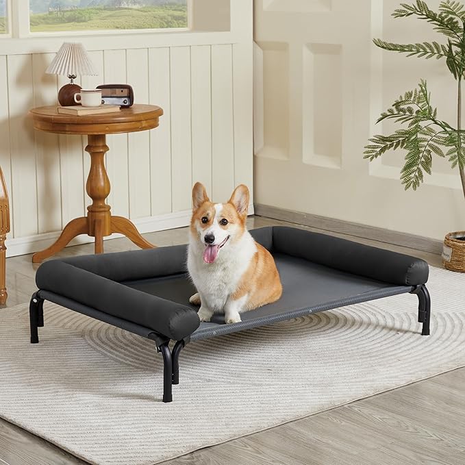 Easy Assemble Elevated Dog Bed - Cooling Outdoor Cot with Bolster, Washable Raised Bed with Durable Breathable Teslin Mesh, Non-Slip Feet - Deep Grey, M