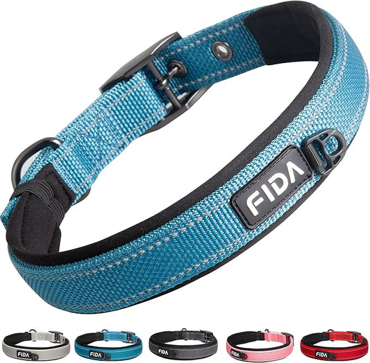 Fida Heavy Duty Dog Collar, Ultra Comfortable Soft Neoprene Padded, Adjustable Reflective Nylon Pet Collar with Durable Metal Belt Buckle for Small Breeds (S, Blue)