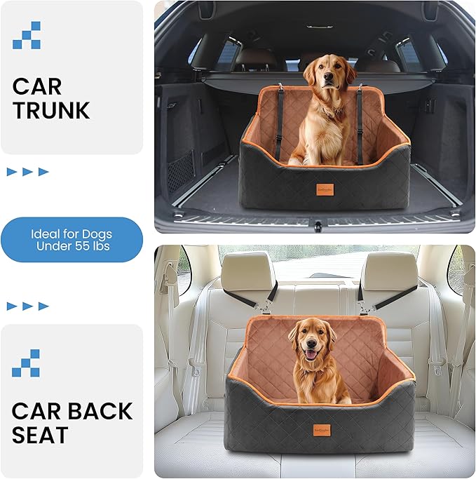 Dog Car Seat for Medium Dogs - Pet Car Seat with 2 Safety Straps & Waterproof Padding, Portable Pet Carrier for Cars, Trucks & SUVs, Comfortable Booster Bed for Pets Up to 55lbs (Black/Coffee)